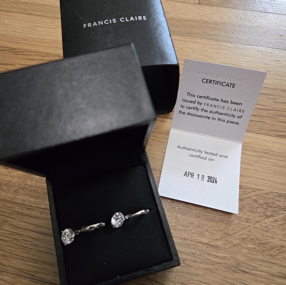 NEW WITH BOX Francis Claire Silver Huggie Earrings with Moissanite Gems